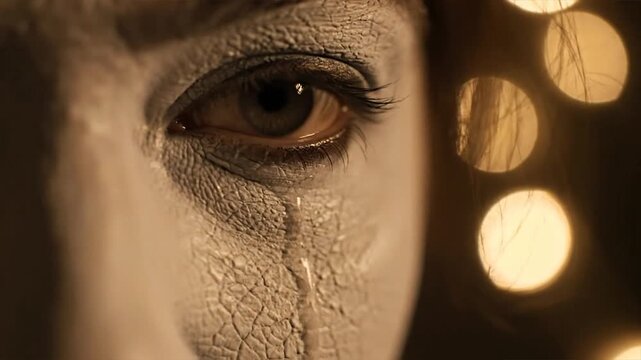A close-up portrait of a mime with a sad expression, face painted white with cracks, tears streaming down, looking melancholic amidst blurred lights.