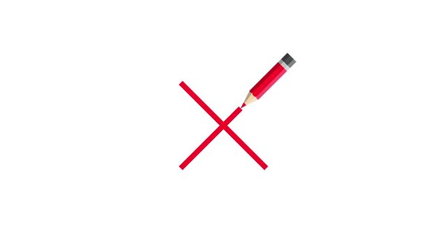 Pencil drawing red cross animation on green screen background representing denial or rejection concept