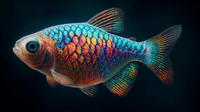 A vibrant tropical fish with bright orange and gold fins swims gracefully underwater in an aquarium tank isolated against a clean white and black background