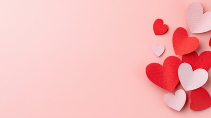 Valentine's day background, minimalist composition of red paper hearts on a pink background, soft shadows, romantic aesthetic, copy space