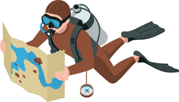 Scuba diver exploration illustration, underwater diver reading map, scuba diving adventure concept, marine exploration activity, underwater navigation design artwork