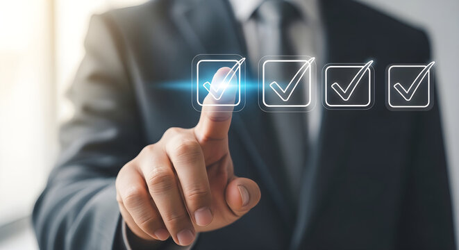 Businessman interacting with digital checkboxes