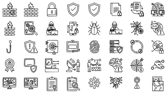 Collection of Cybersecurity Threat Icons Representing Digital Security Threats Data Protection Phishing Malware Firewall SSL VPN and System Audit Concepts in Simple Outline Vector Illustration Style