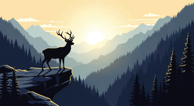 Vector flat design illustration of a majestic deer standing on a cliff overlooking a serene mountain landscape with a stunning sunset in the background.