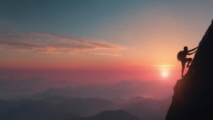 Climber Reaching Mountain Peak Overlooking Sunrise Horizon Symbolizing Success Leadership And Achievement