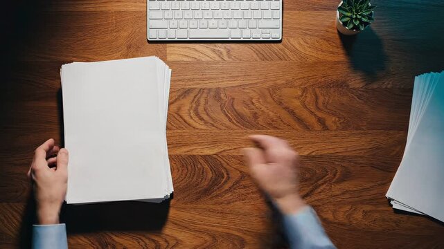 Top View of Hands Sorting Blank Documents on Wooden Desk with Computer Keyboard, Office Paperwork Organization and Administrative Work Concept