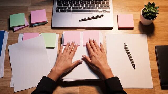Top View of Hands Holding Blank Documents on Wooden Desk with Laptop, Office Workspace Organization and Paperwork Concept
