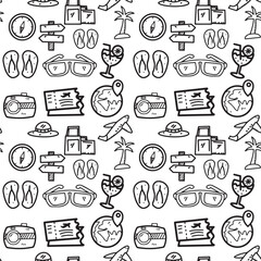 Fototapeta premium Seamless Travel Pattern with Tourism Icons Compass Camera Airplane and Vacation Symbols