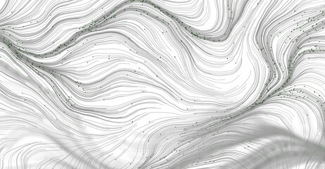An abstract digital artwork featuring flowing lines and dots in shades of grey and white, evoking a...