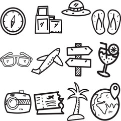 Fototapeta premium Travel and Vacation Line Icon Set with Compass Suitcase Camera Airplane and Summer Holiday Elements