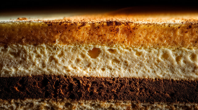 Macro close-up of layered caramel and cream cake with sponge texture and cocoa base.