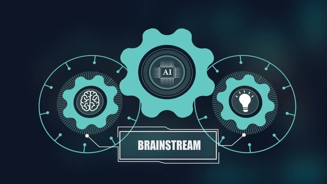 Techlogic concept with artificial intelligence, digital gears and human brain icon for smart logical reasoning and advanced technology innovation.