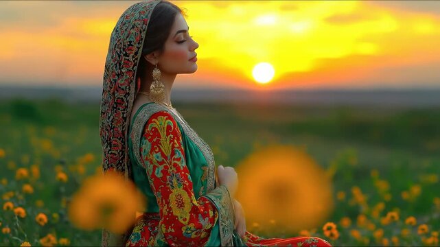 Nowruz celebration, International Nowruz Day, elegant woman in traditional attire, enjoying spring equinox sunset, vibrant flower field