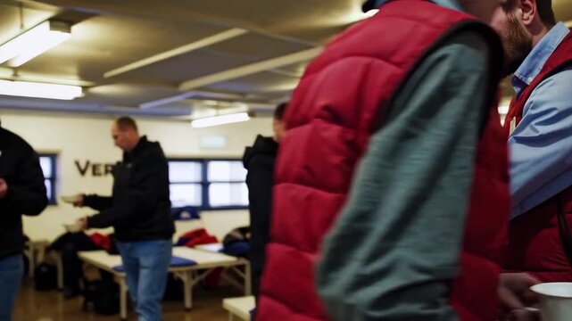 Jesus Christ enters a busy homeless shelter and helps a newcomer find warmth, food, and calm. Steam, cots, and a welcome micro-story create strong urban outreach footage.
