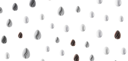 Stylish seamless pattern with white and patterned eggs. Ideal for spring designs, holiday backgrounds, and Easter-themed