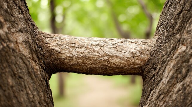 transitional. A sturdy tree branch bridging two trees in natural daylight. travel magazines, destination branding, designed for travel destination branding and outdoor magazines and nature guides.