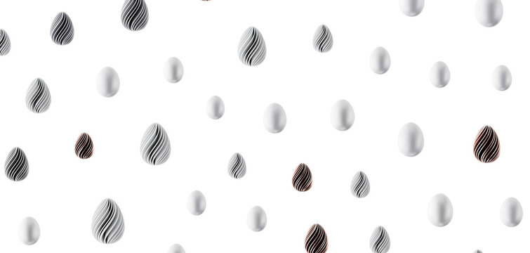 Stylish seamless pattern with white and patterned eggs. Ideal for spring designs, holiday backgrounds, and Easter-themed