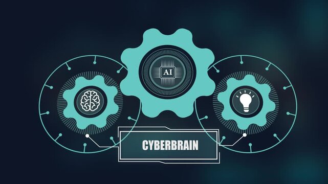 Cyberbrain concept with artificial intelligence, digital gears and human brain icon for smart neural processing and advanced technology innovation.