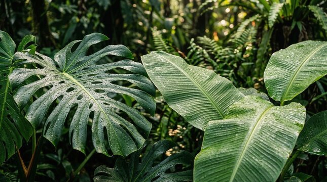 Large green tropical plant leaves closeup.
