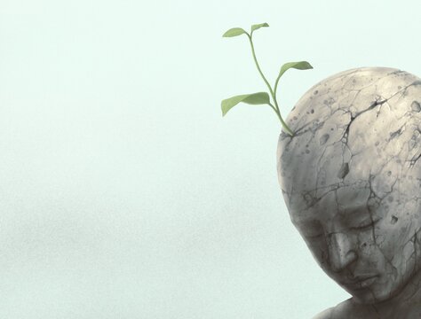 Concept art of hope spiritual life and nature, conceptual painting, A tree growing on broken human, surreal artwork	