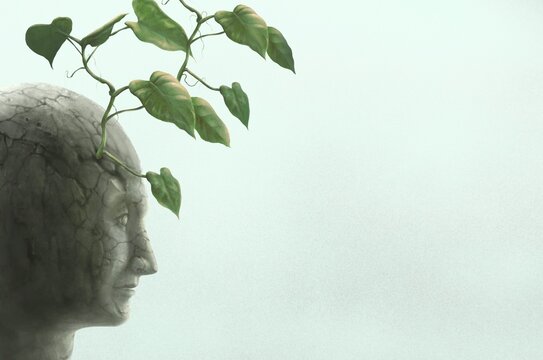 Concept art of hope spiritual life and nature, conceptual painting, A tree growing on broken human, surreal artwork	