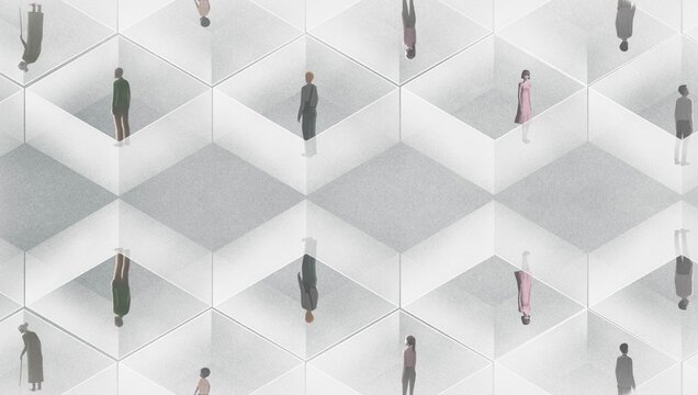 Conceptual artwork of crowd, alone, , and loneliness. Group of people in the city. Concept art. surreal painting.	
