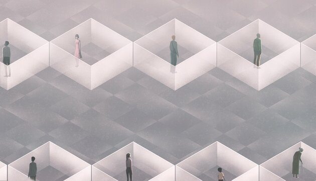 Conceptual artwork of crowd, alone, , and loneliness. Group of people in the city. Concept art. surreal painting.	
