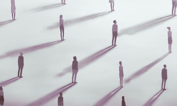 Conceptual artwork of crowd, alone, , and loneliness. Group of people in the city. Concept art. surreal painting.	
