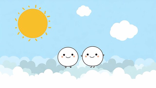 Cute cartoon sun and clouds with happy smiley faces