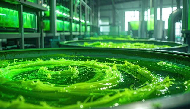 Vibrant green microalgae biomass swirls dynamically within large cultivation vats, brightly illuminated in a modern industrial facility, showcasing advanced biotechnology.