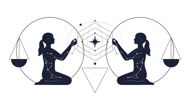 Gemini Zodiac Constellation Symbol with Scales and Geometric Ornaments