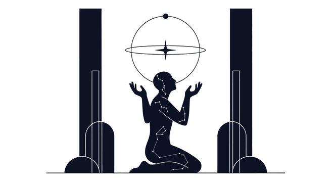 Mystical Silhouette of a Person in Prayer Under Celestial Orrery