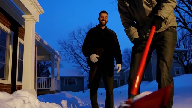 Jesus Christ guides safe snow shoveling technique, turning risky lifting into steady injury-preventing progress. Winter breath, shovel close-ups