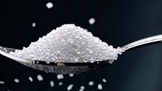 Sugar cubes bouncing on spoon causing white powder burst, representing sugar addiction and excess consumption.