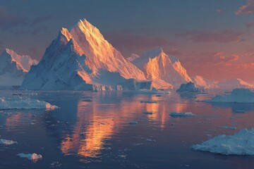 Naklejka premium Eternal beauty: greenland's icebergs aglow in sun's embrace. Advertising photo. Sun-kissed icebergs reflecting warm hues on greenland's coastal waters. Print ready. Blank background.