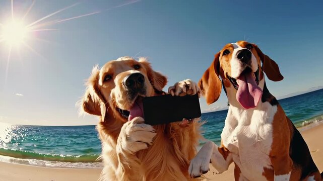 Two dogs taking a selfie at beach in vertical format, playful and cheerful pet content for social media.