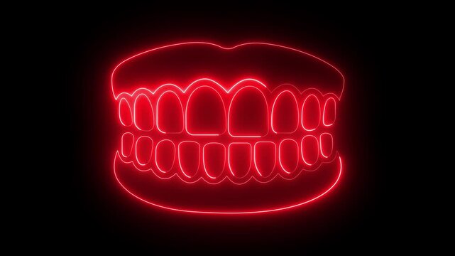 Glowing neon teeth icon isolated on black background. Dentures model icon. Teeth of the upper jaw. Dental concept. 4K Video animation. 