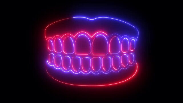 Glowing neon teeth icon isolated on black background. Dentures model icon. Teeth of the upper jaw. Dental concept. 4K Video animation. 