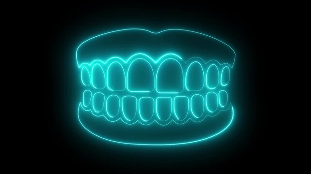 Glowing neon teeth icon isolated on black background. Dentures model icon. Teeth of the upper jaw. Dental concept. 4K Video animation. 