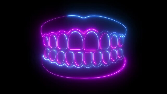 Glowing neon teeth icon isolated on black background. Dentures model icon. Teeth of the upper jaw. Dental concept. 4K Video animation. 