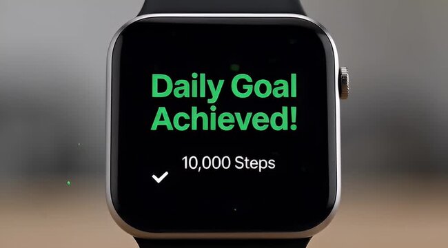 Smartwatch display showing Daily Goal Achieved and 10,000 Steps Completed