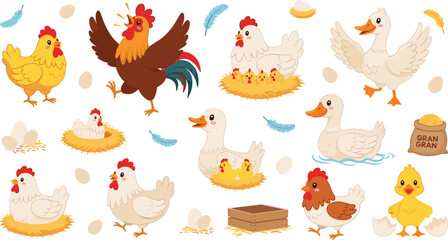 Obraz premium Cute Farm Poultry Animals and Chicks Collection with Rooster, Hen, Duck, Nest, Eggs, Grain Sack, and Barnyard Bird Cartoon Vector Illustration Set