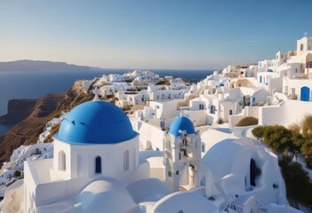 Blue-domed church in Fira Santorini with white buildings and sea view,  scenic village,  clear waters,  whitewashed houses