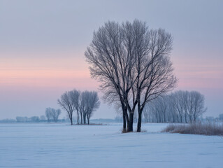Fototapeta premium Winter landscape with bare trees standing in a snow-covered field under a soft pastel pink and blue sky during early morning or evening light