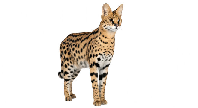 A serval cat stands against a black background, showcasing its distinctive coat pattern and alert demeanor.