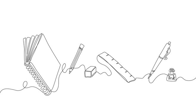 Continuous one line drawing of school supplies including notebook, pen, ruler, eraser, and pencil connected by a single flowing line, minimalist education concept illustration. Vector Editable stroke