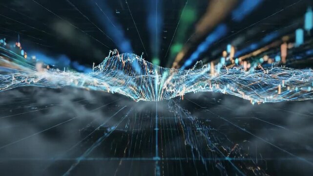 Abstract futuristic data wave visualization moving through space.