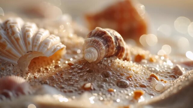Close-up seashells rest on wet sand. Sunlight glints off water droplets. Varied shells show natural textures. Gentle waves lap at the shore. Perfect for beach vacations or summer themes