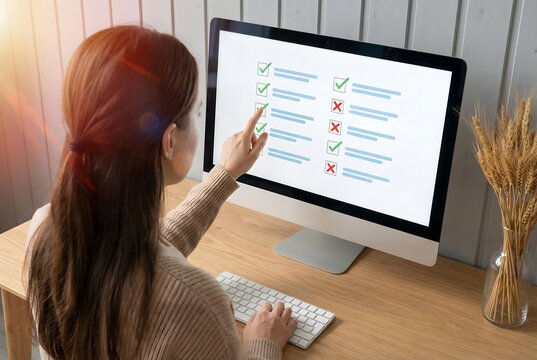 Woman sitting at a desk points at a computer screen displaying a checklist with checkboxes and crosses.