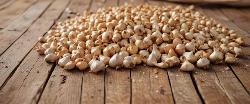 Cloves of garlic on wooden planks arranged artfully in an open-air market,  Provence,  natural light,  rustic